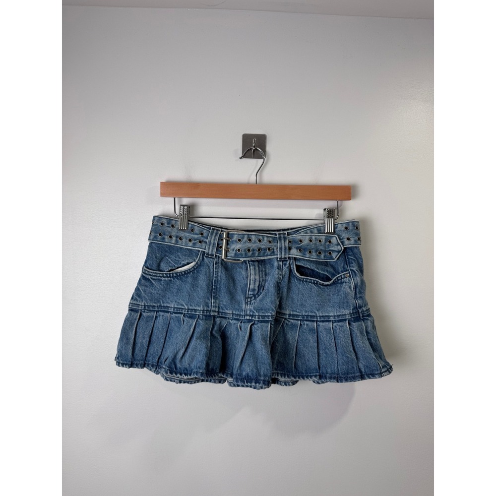 Guizio Blue Denim Pleated Belted Micro Mini Skirt Small